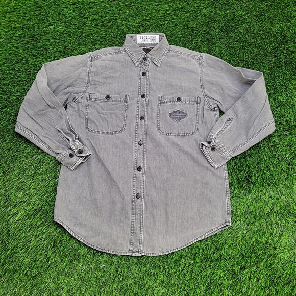 Harley-Davidson Denim Button Shirt Womens Medium 20x26 Gray - Picture 1 of 16